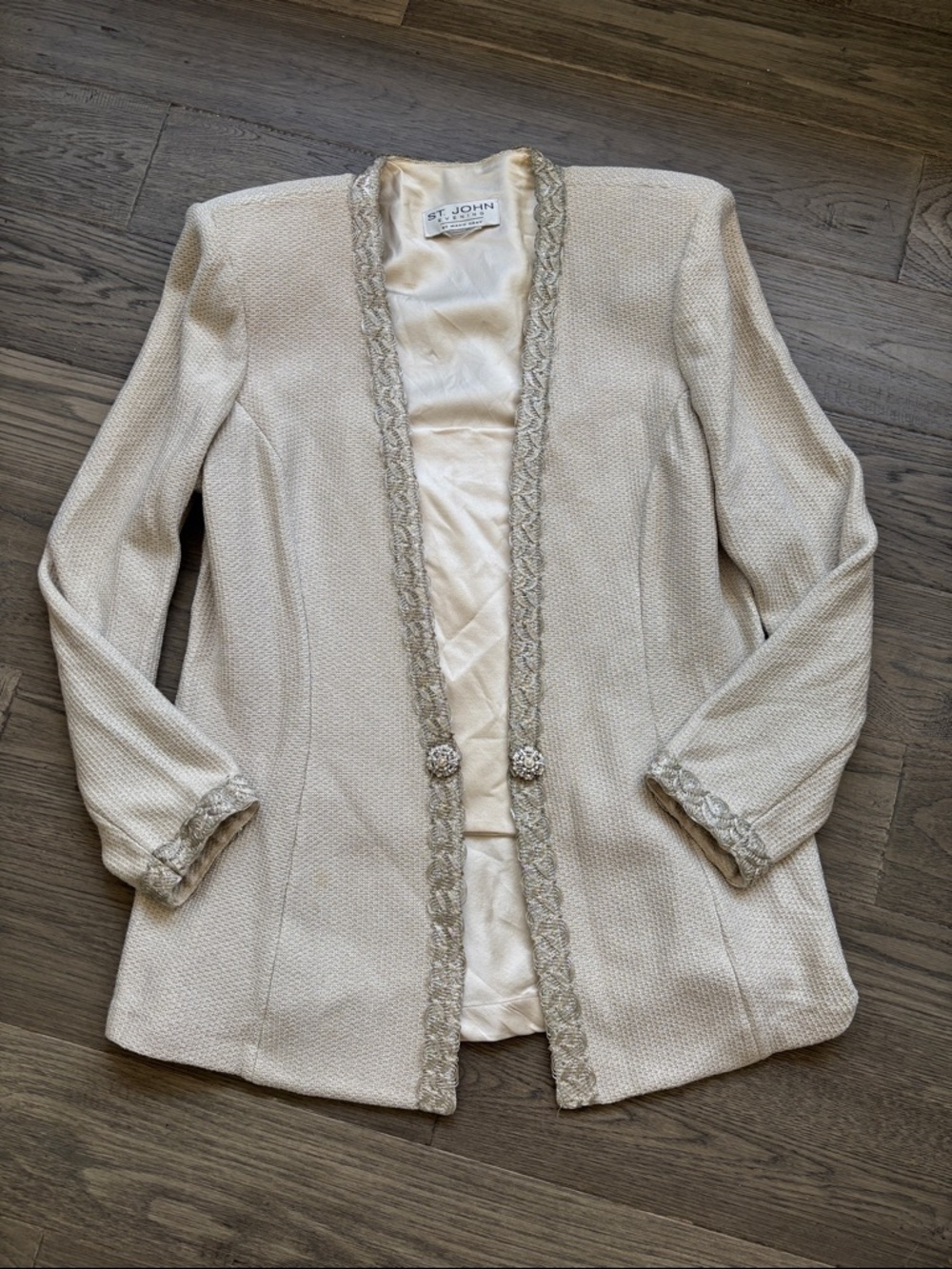 St. John |Ivory Gold Knit Open-Front Blazer with Braided Trim Jewels Small FLAWS